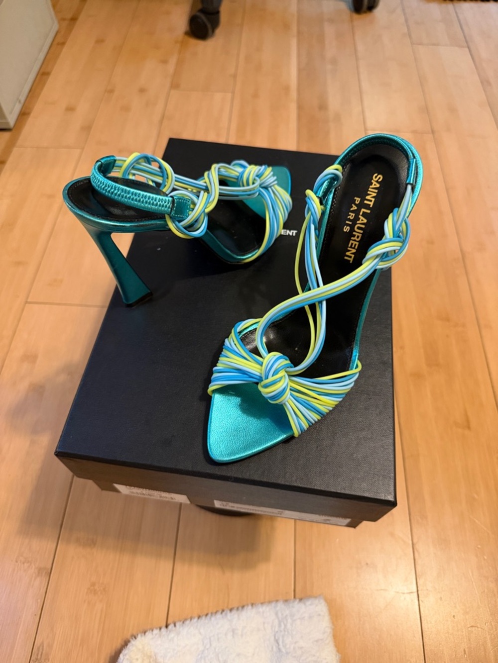 Saint Laurent Teal Satin Knotted Strap Stiletto Sandals